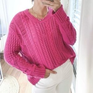 Splendid Sweater XS Cableknit Hot Pink Crewneck Oversized